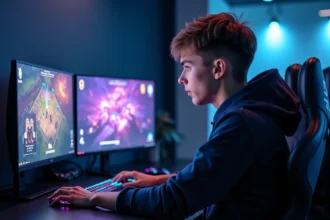 Joueur de TFT concentré devant ses écrans dans une salle d'entraînement esports, préparant une composition de tournoi