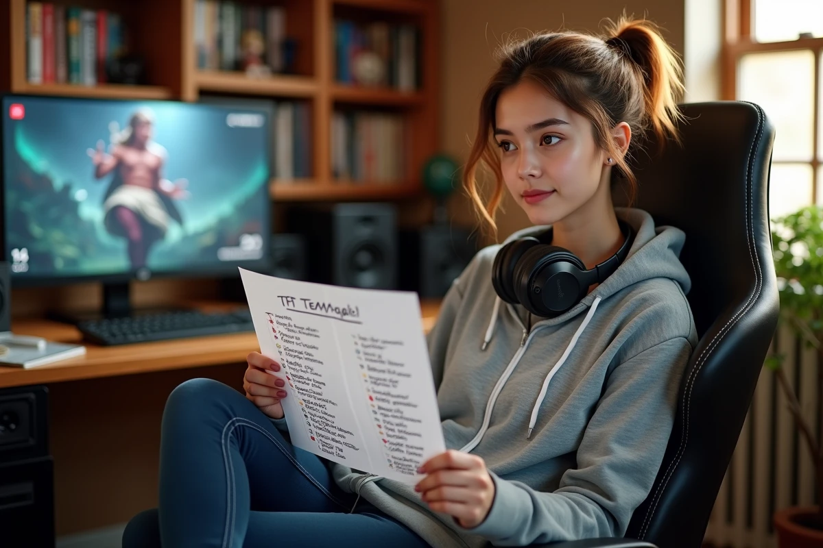 Joueuse de TFT analysant une fiche de compositions de tournoi dans son bureau gaming à domicile