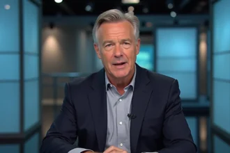 Journaliste de télévision professionnel assis derrière un bureau de plateau TV moderne avec fond de studio flou
