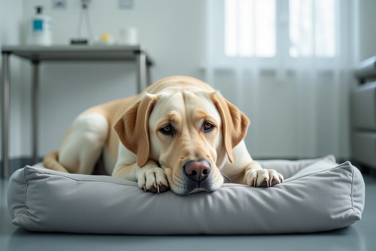 Vieux Labrador allongé sur son coussin dans une salle de consultation vétérinaire pour problème digestif