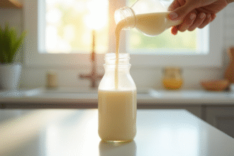Lait maternel fraîchement exprimé dans une bouteille sur un plan de travail propre