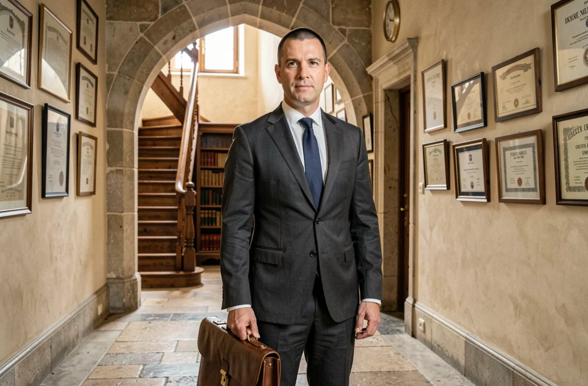 Avocat en costume sombre tenant une mallette en cuir dans le hall d'entrée d'un cabinet juridique traditionnel, représentant Maître Laurent Landry