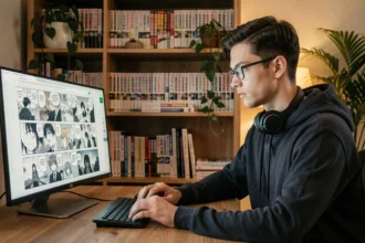 Jeune homme lisant des chapitres de manga en ligne sur un ordinateur dans un bureau cosy en 2026