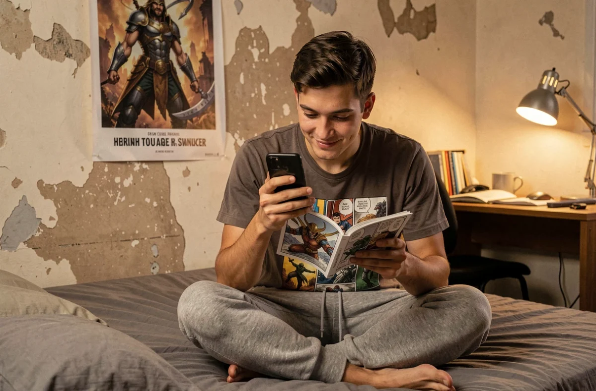 Jeune homme lisant un manga heroique sur smartphone dans une chambre estudiantine