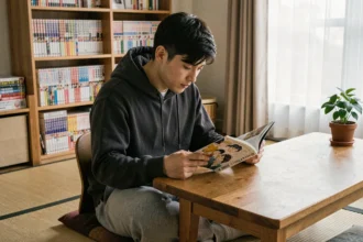 Jeune homme lisant un manga en version française dans une chambre de style japonais entourée de collections de mangas