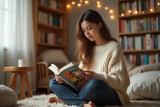 Jeune femme lisant un manga yaoi en français dans une chambre cosy entourée de volumes de manga sur des étagères