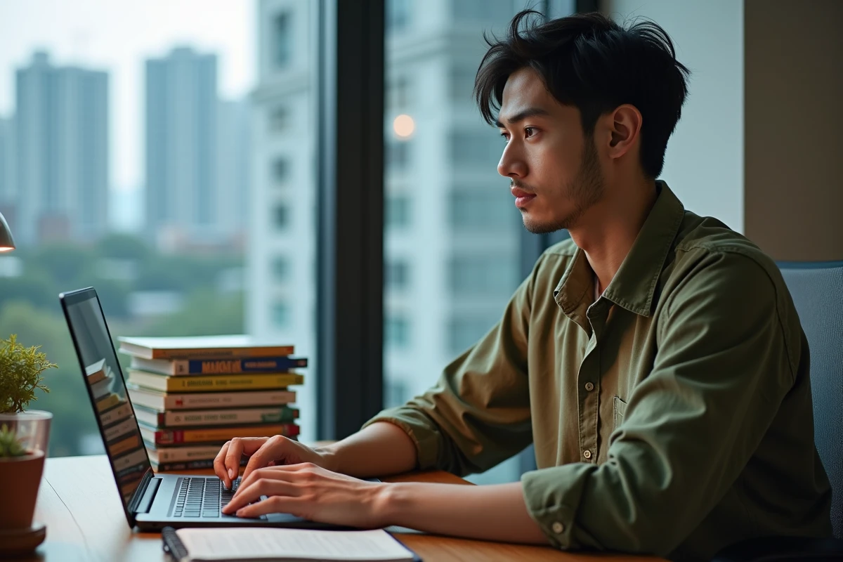 Jeune homme consultant un site de lecture de manga yaoi en ligne sur un ordinateur portable avec des volumes physiques empilés sur son bureau