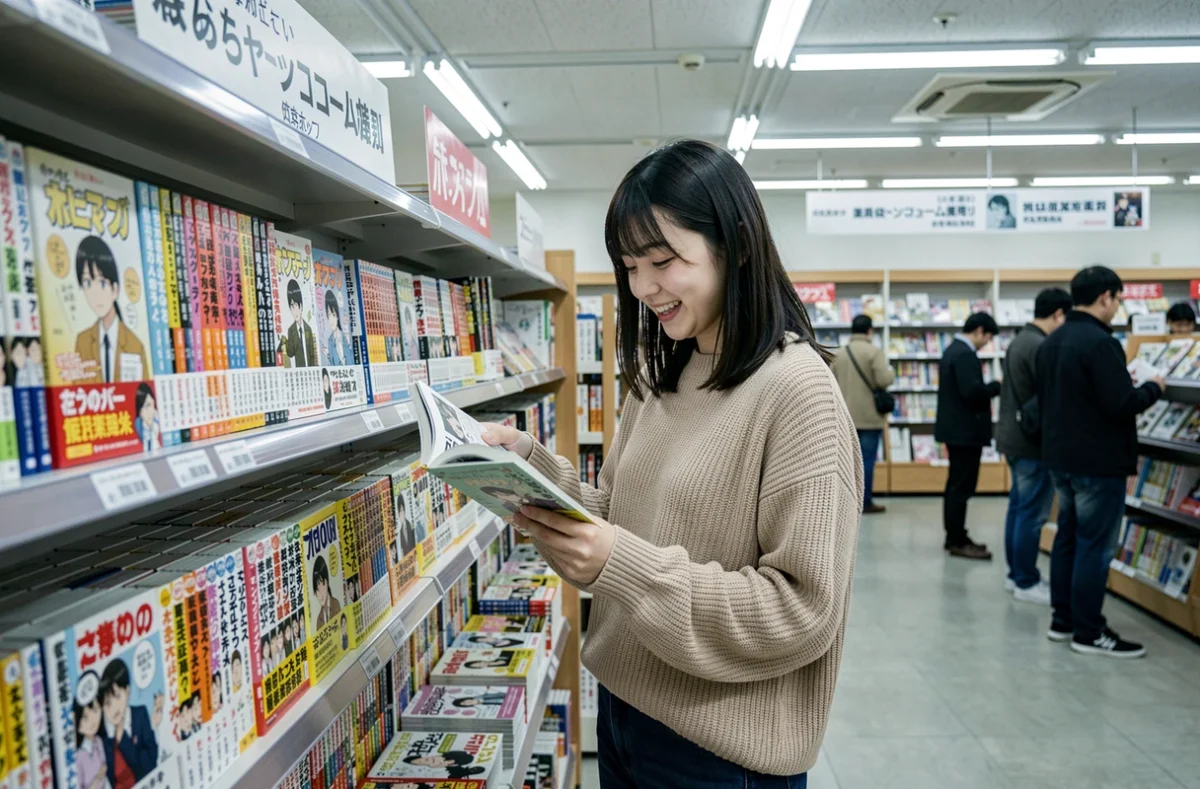 Adolescente feuilletant un spin-off de manga dans une librairie spécialisée japonaise aux rayonnages bien organisés