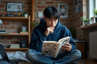 Jeune homme lisant un manga Blue Lock en version française dans sa chambre, entouré de volumes empilés et d'un ordinateur portable ouvert