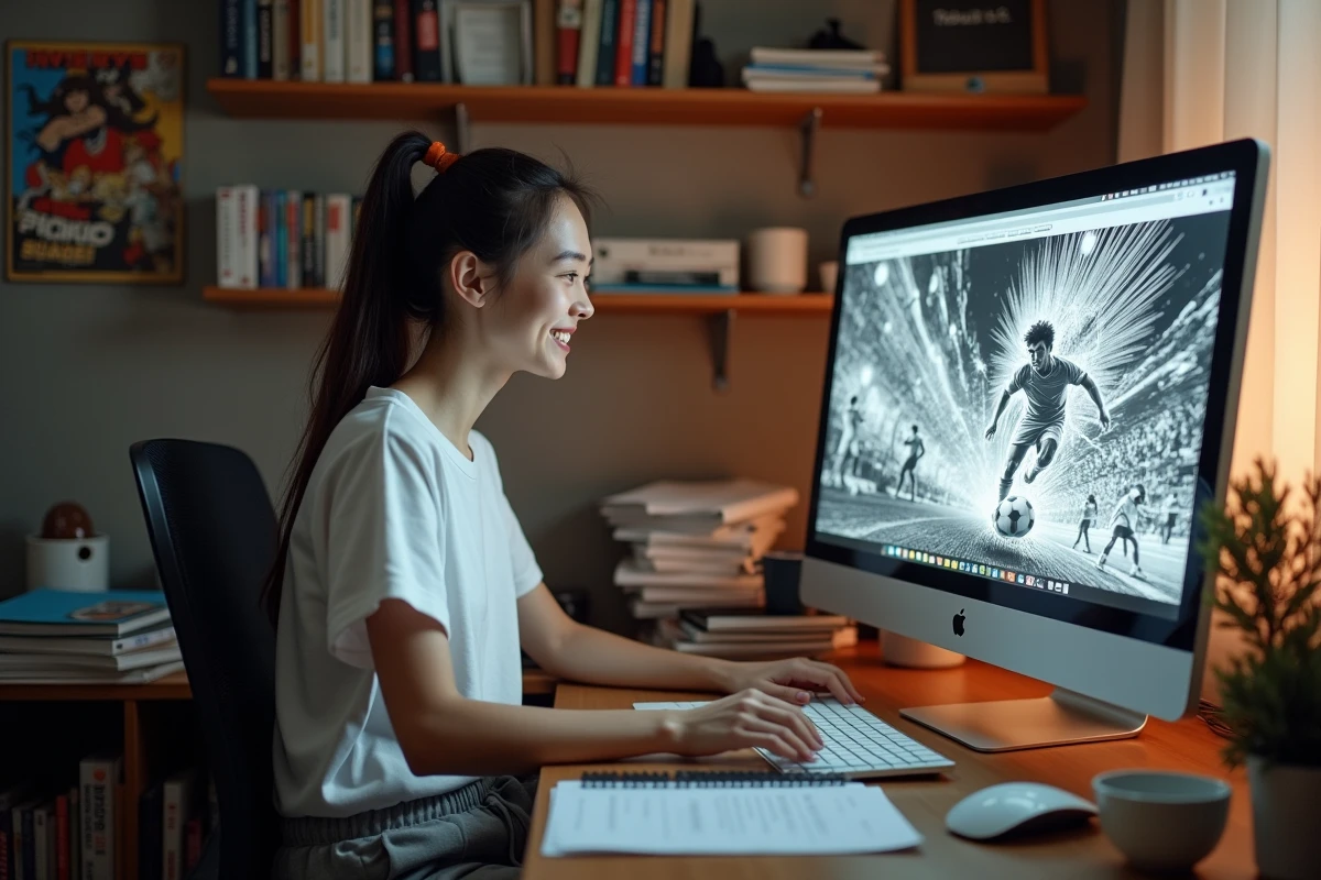 Jeune femme lisant Blue Lock en scan VF sur un ordinateur de bureau dans un bureau étudiant encombré