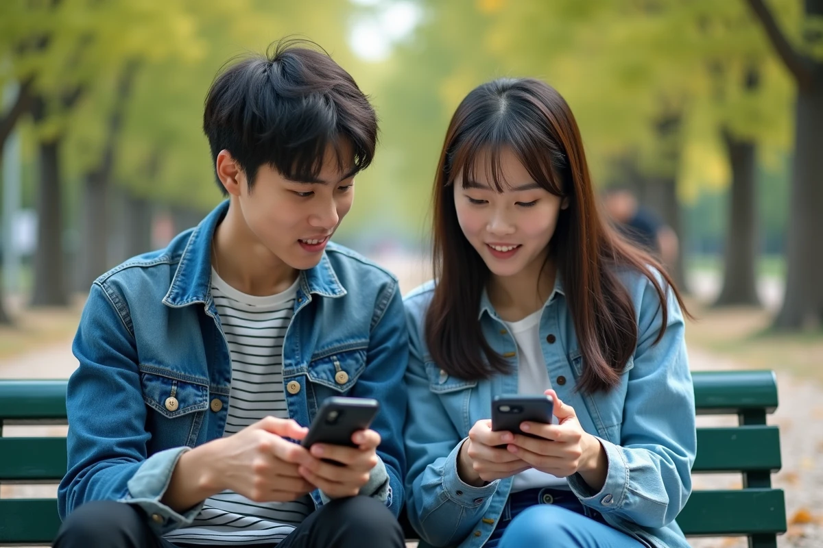 Deux jeunes adultes lisant Blue Lock en scan VF sur leurs smartphones assis sur un banc de parc urbain