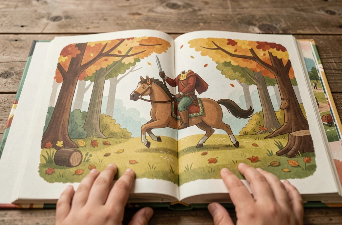 Livre illustré pour enfants ouvert sur une version colorée et bienveillante de la légende du cavalier sans tête