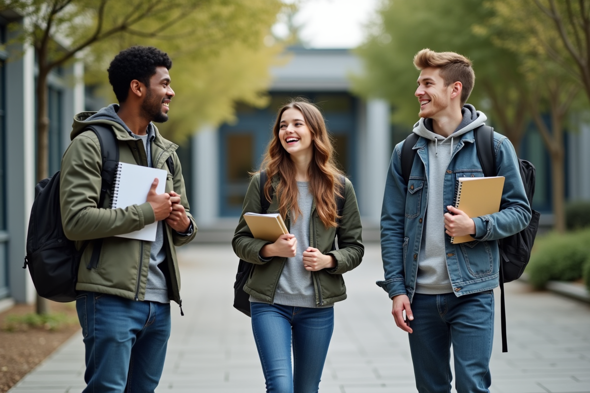 Lyceens discutant devant une école moderne