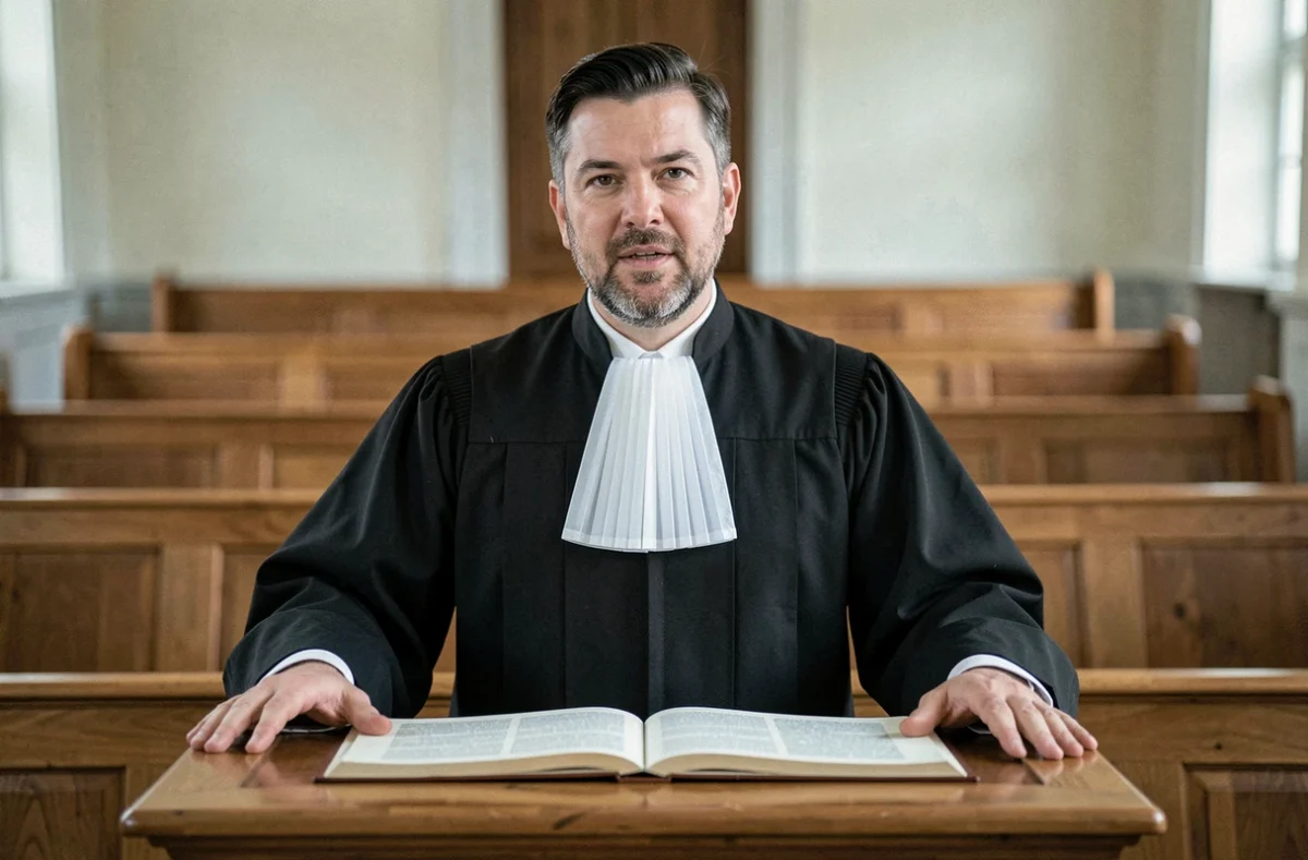 Avocat en robe noire avec jabots blancs plaidant à la barre d'un tribunal français, représentant Maître Brice Maillot