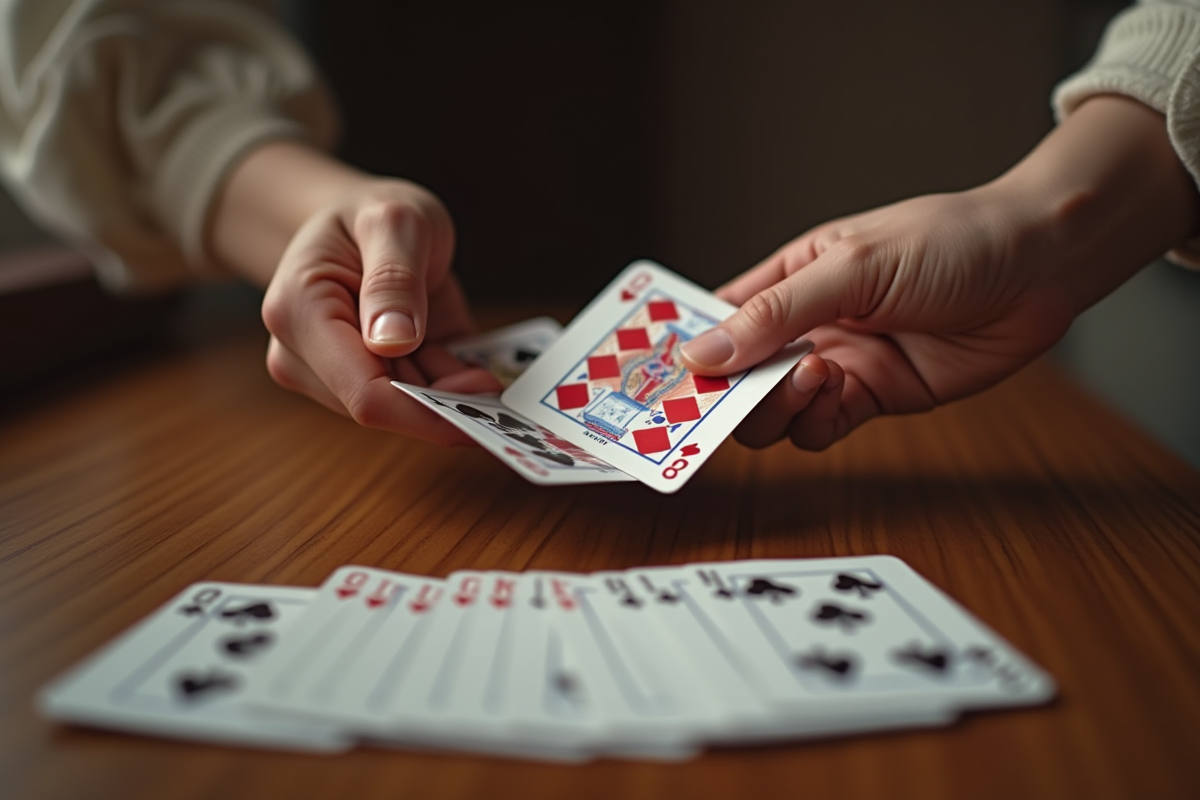 Mains tenant des cartes SkipBo prêtes à être posées