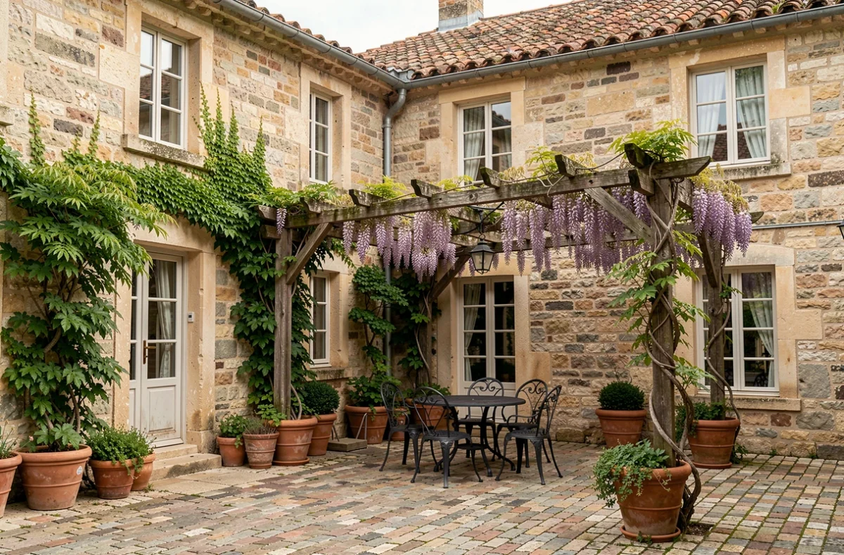 Cour intérieure de la Maison Cardinale avec murs en pierre, pergola et décoration vintage