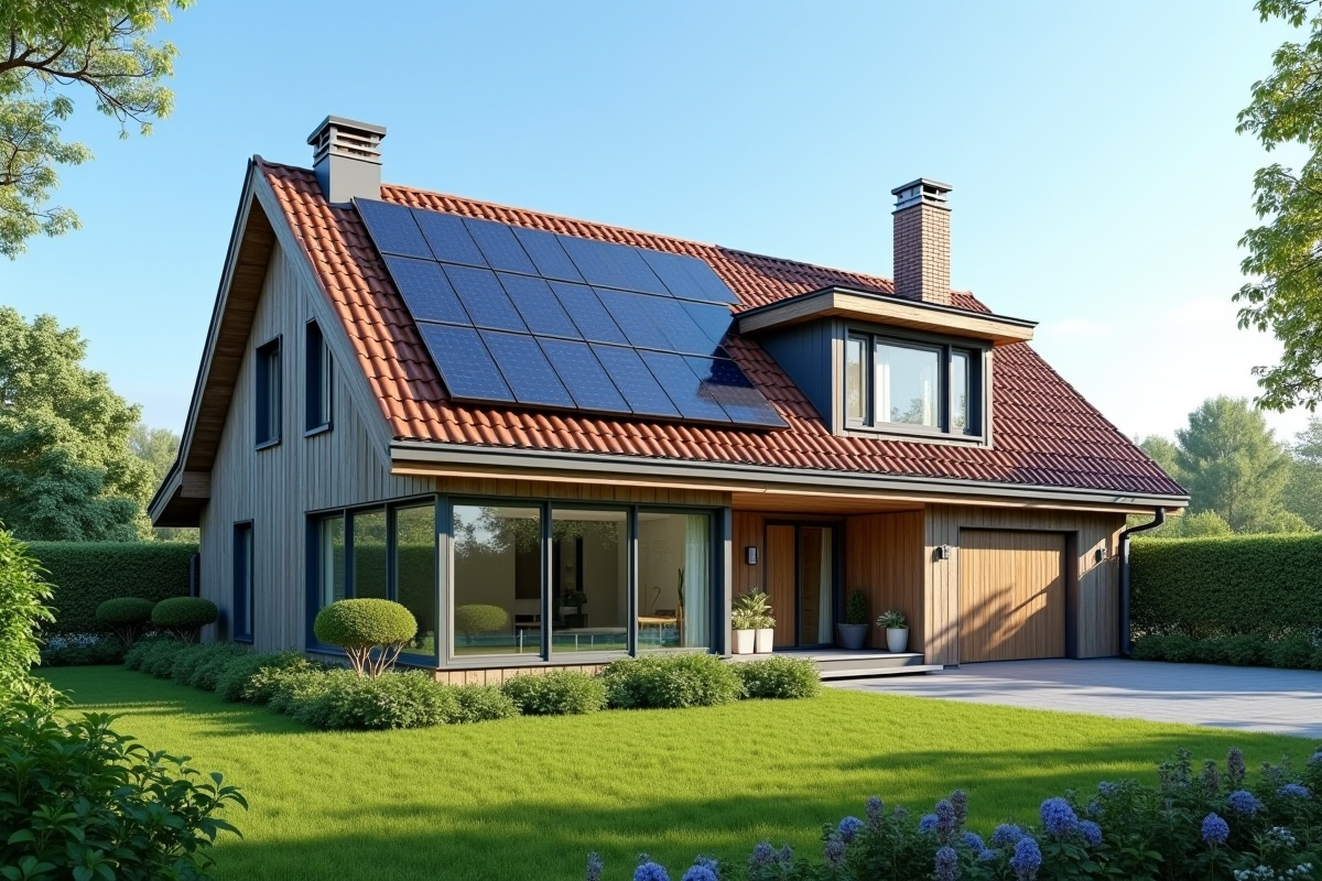 Maison écologique avec fenêtres double vitrage et panneaux solaires