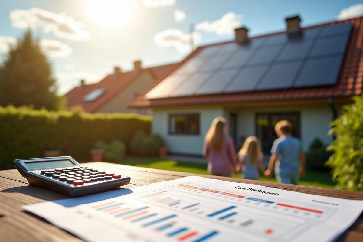 Famille regardant le toit solaire avec calculatrice et documents