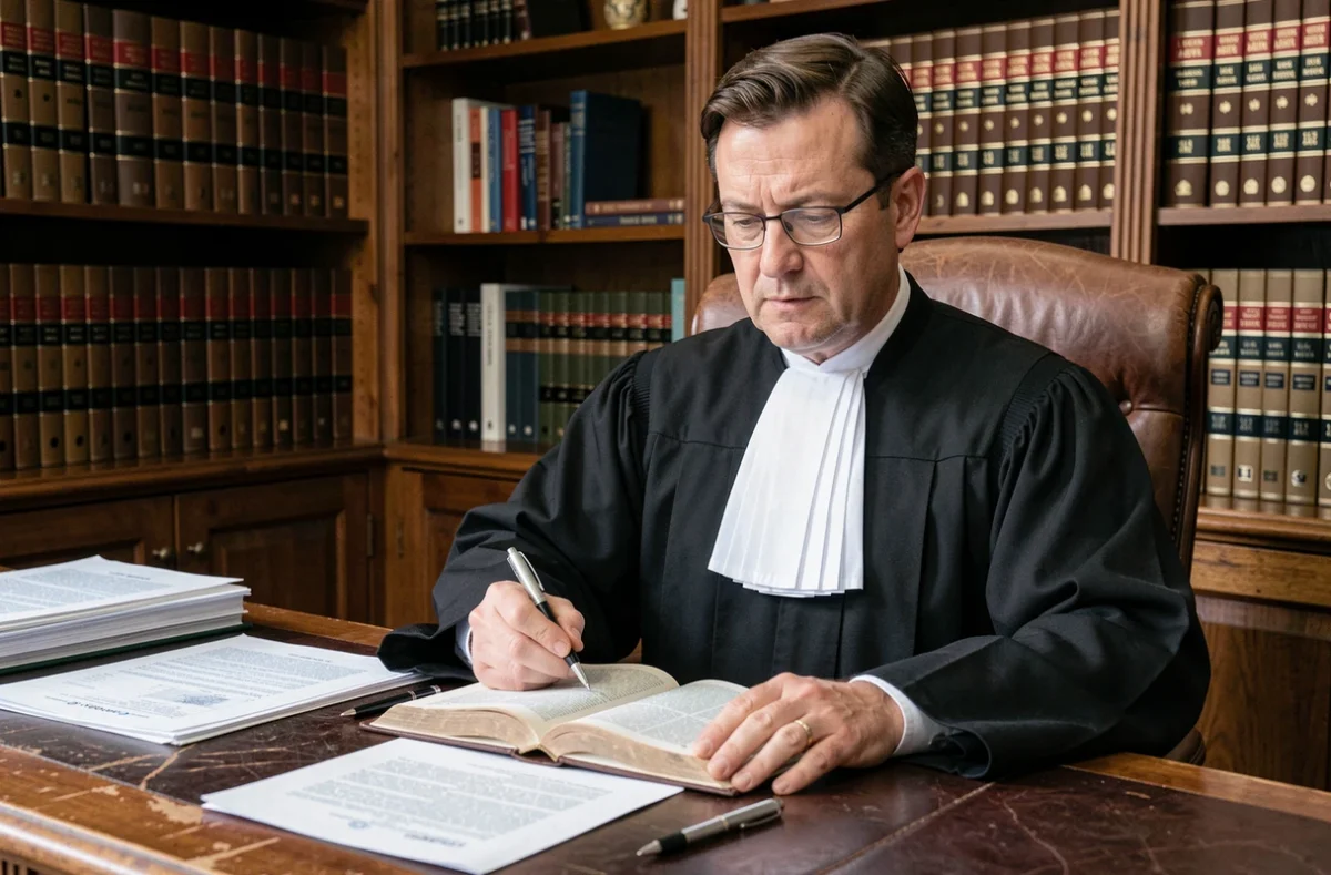 Avocat en robe noire avec jabots blancs assis à son bureau avec des documents juridiques dans un cabinet à Laon