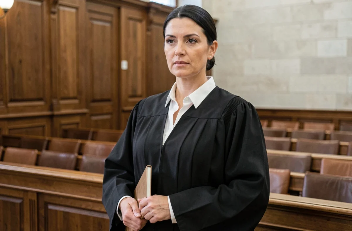 Avocate professionnelle en robe noire tenant un dossier juridique devant un tribunal français à Laon