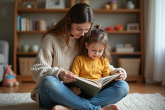 Maman et sa fille lisant ensemble dans le salon
