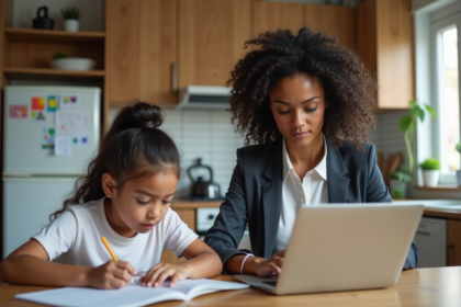 Femme au travail avec sa fille dans une cuisine moderne