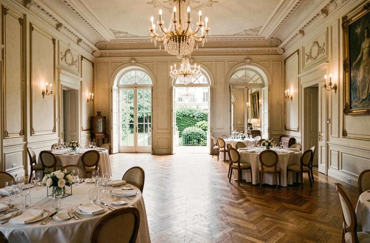 Salle de réception élégante du Manoir de Bordeaux avec parquet, lustres et portes-fenêtres