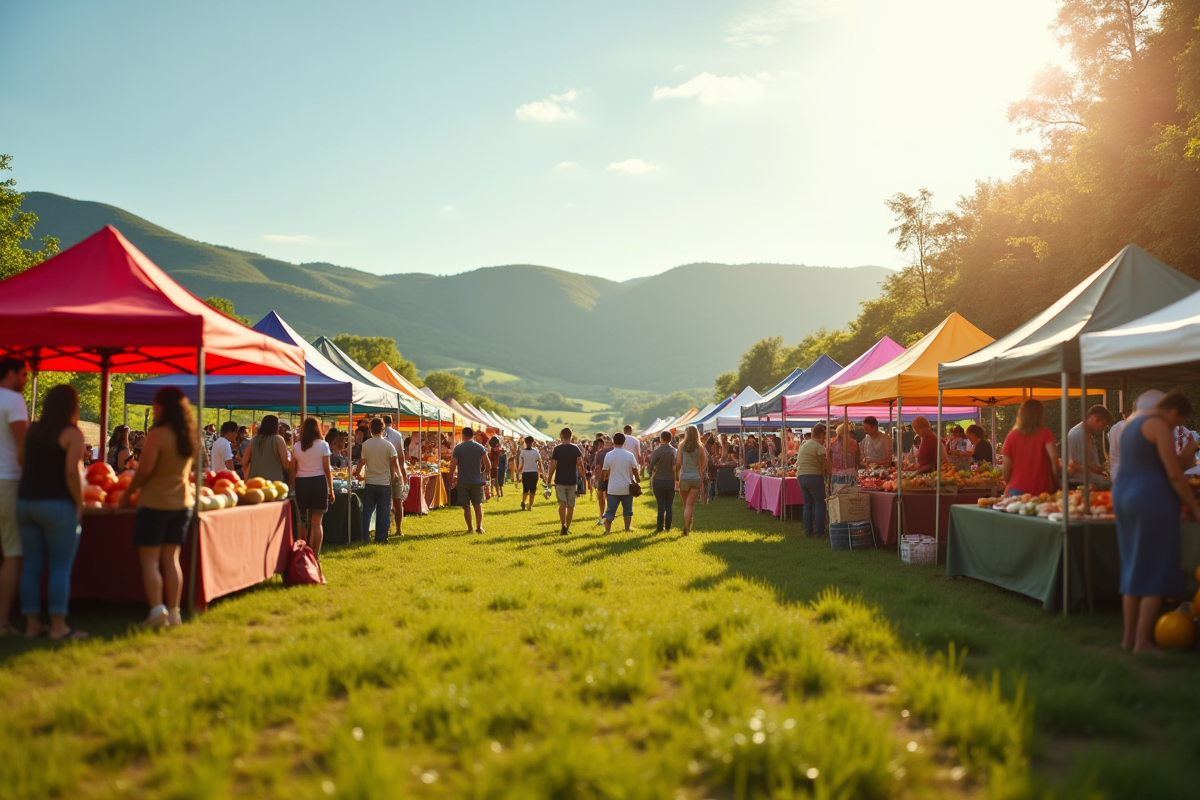 Marché fermiers en plein air avec stands colorés et collines en arrière-plan