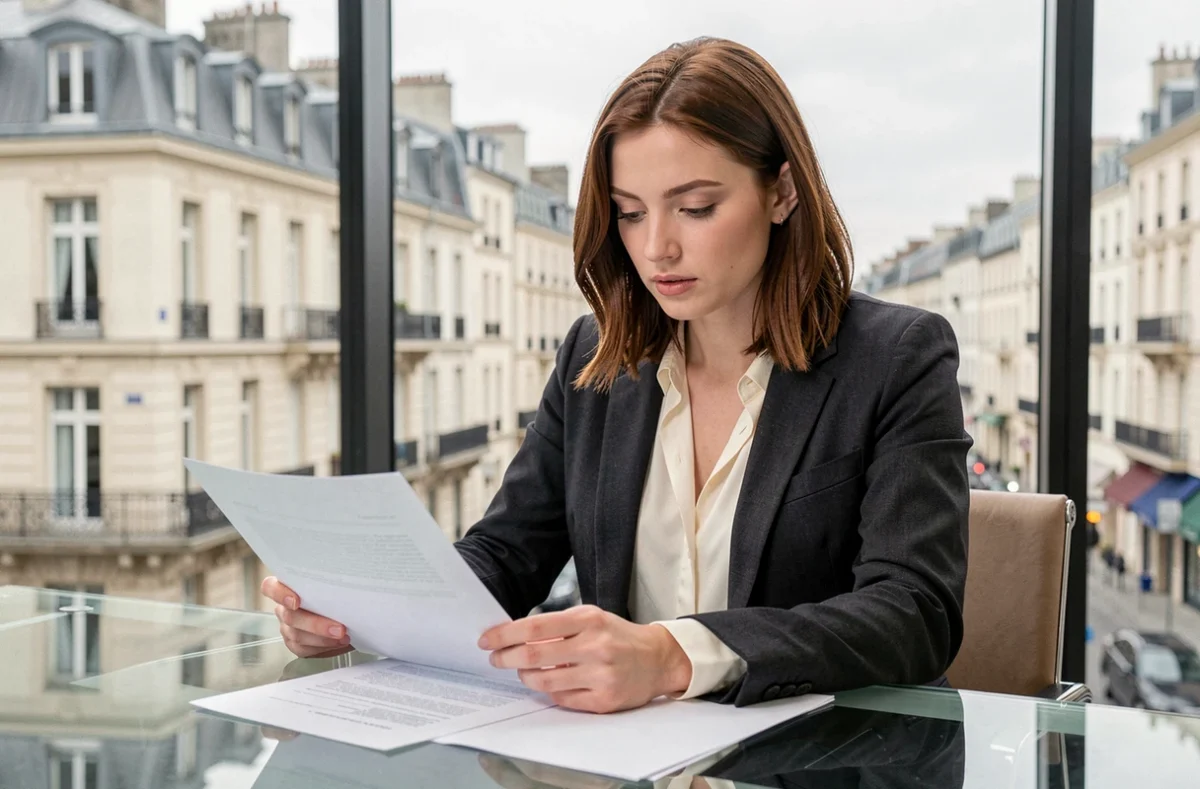 Jeune avocate professionnelle en blazer sombre assise à un bureau en verre, examinant des documents juridiques devant une fenêtre urbaine