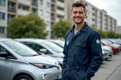 Jeune mecanicien souriant avec voitures CritAir 1 en ville