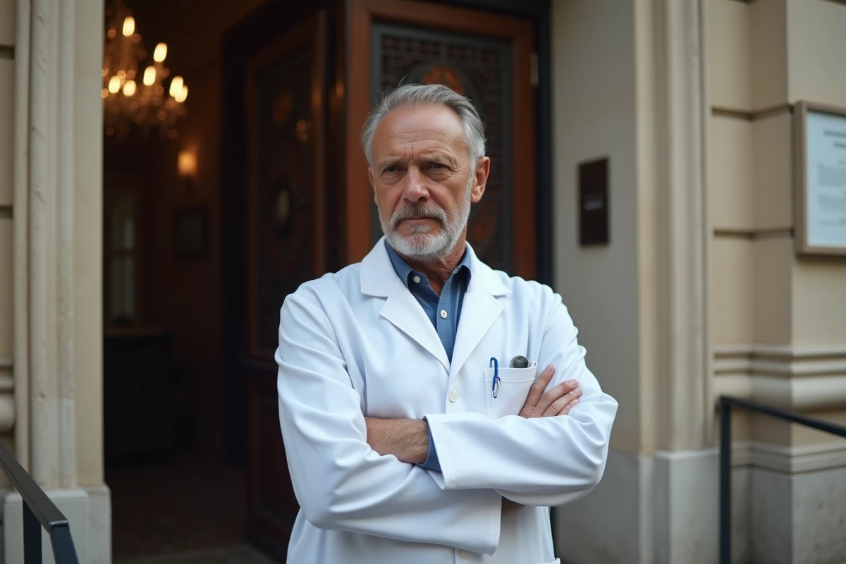 Medecin français devant un établissement parisien élégant