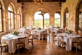Intérieur d'une belle salle de réception en Nouvelle-Aquitaine avec tables dressées et décor élégant