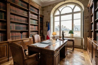 Vue grand angle d'un cabinet d'avocats classique dans l'Aisne avec bibliothèque juridique, bureau en bois et fenêtres donnant sur une ville du nord de la France