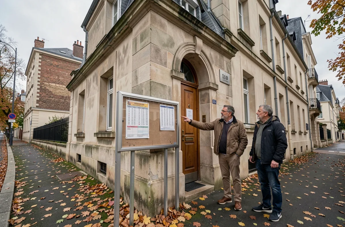Tableau d'affichage des horaires de prière à l'entrée d'une mosquée de Livry-Gargan en automne