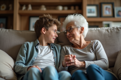 Jeune garçon et sa mère âgée sur un canapé chaleureux