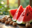 Noix et melon frais sur une table en bois naturel
