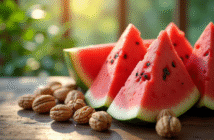 Noix et melon frais sur une table en bois naturel