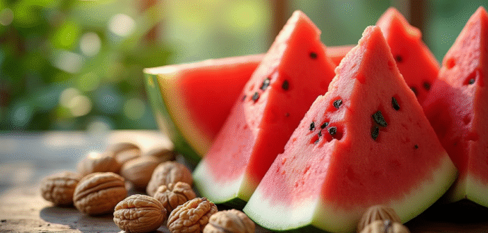 Noix et melon frais sur une table en bois naturel