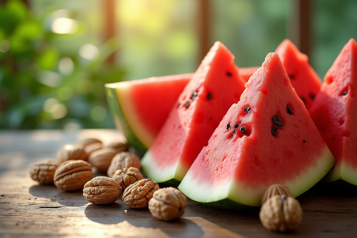 Noix et melon frais sur une table en bois naturel