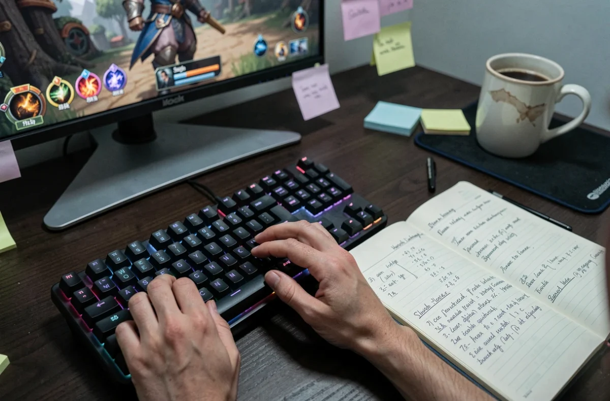 Gros plan sur des notes manuscrites de stratégie de jeu et un clavier mécanique posés sur un bureau de gamer, avec un écran de jeu fantasy flou en arrière-plan