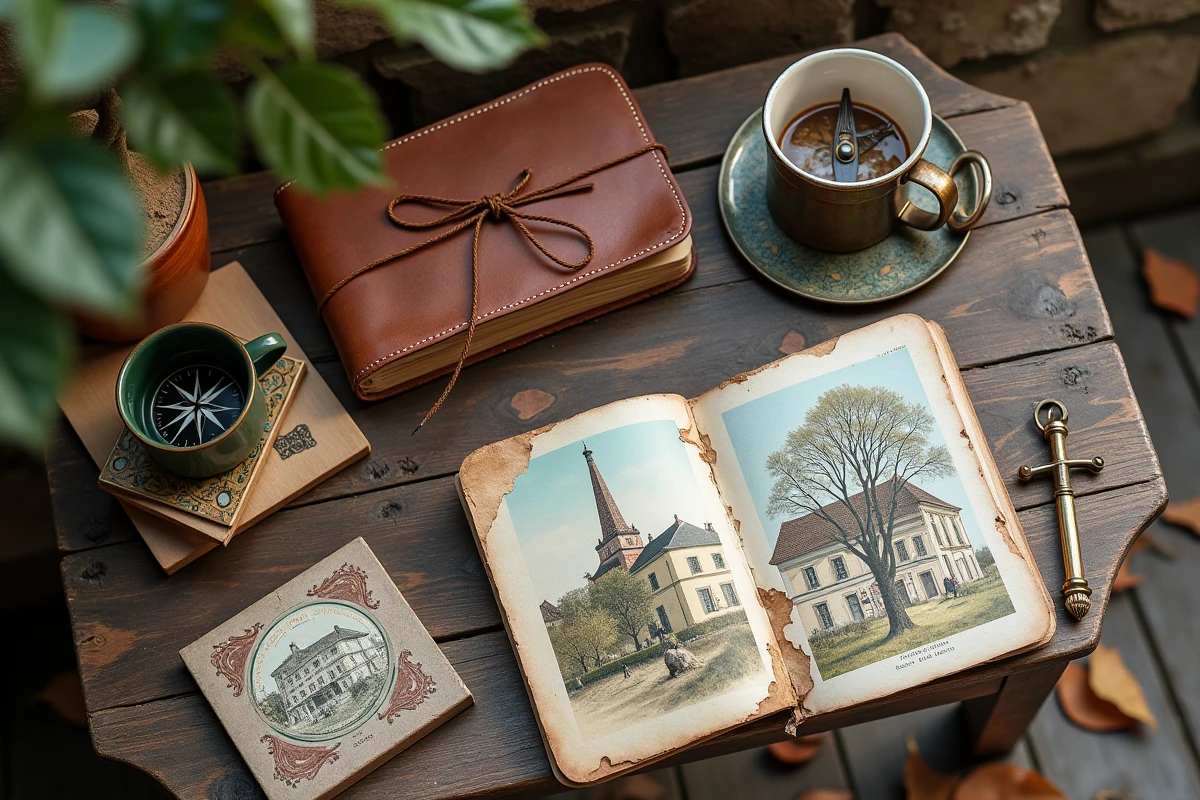Objets chinés lors d'une tournée de brocante dans le 54 disposés sur une table en bois rustique en Lorraine