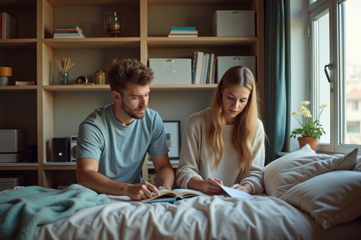 Jeune femme et homme organisant des livres dans une chambre cohabitee