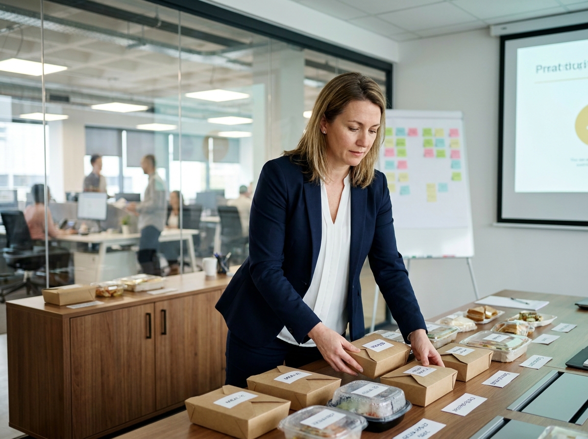 Femme organisant des boîtes repas individuelles étiquetées sur un meuble de bureau avant une réunion