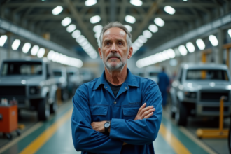 Homme d'atelier automobile en tenue bleue dans une usine