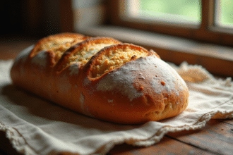 Pain rustique avec croûte dorée sur table en bois