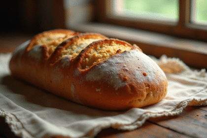Pain rustique avec croûte dorée sur table en bois