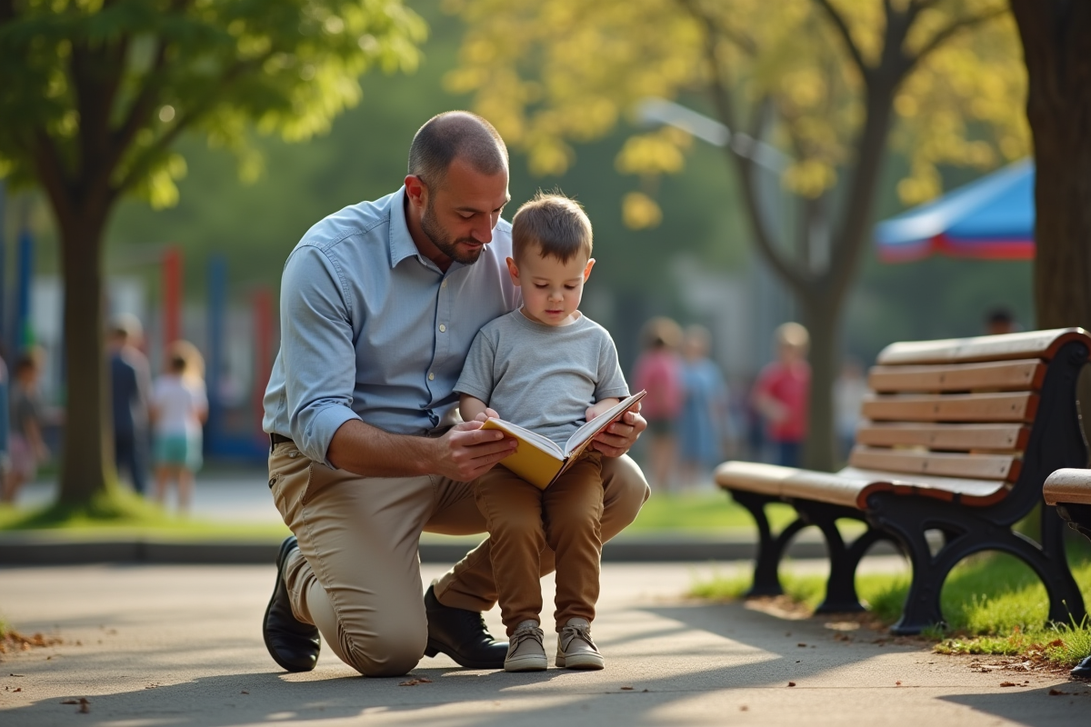Père lisant un livre à son enfant dans un parc urbain