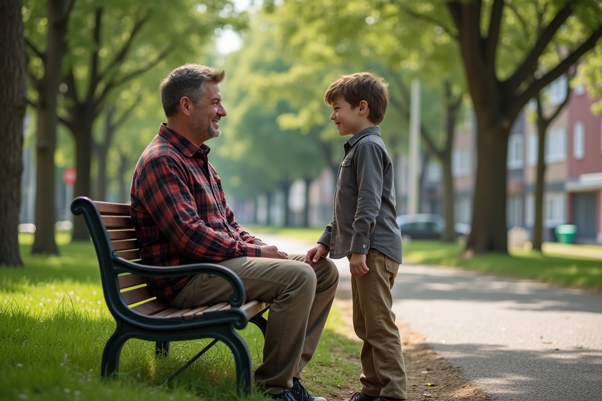 Pere et son fils discutant dans un parc urbain
