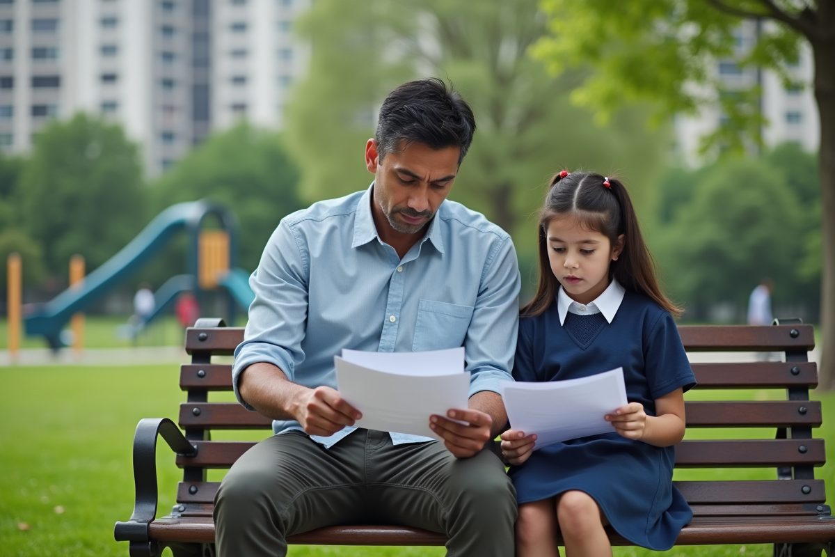 Père et fille regardant des documents dans un parc