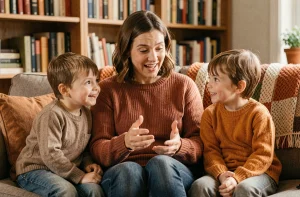 Parent racontant la légende du cavalier sans tête à ses enfants dans un salon chaleureux et rassurant
